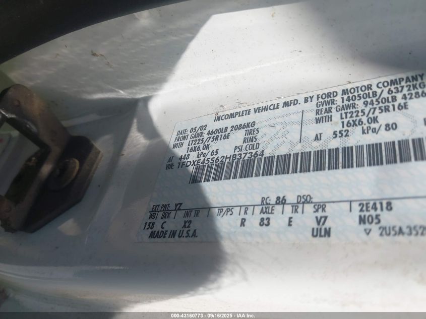 2002 Ford Econoline Commercial Cutaway Standard VIN: 1FDXE45S62HB37364 Lot: 43160773