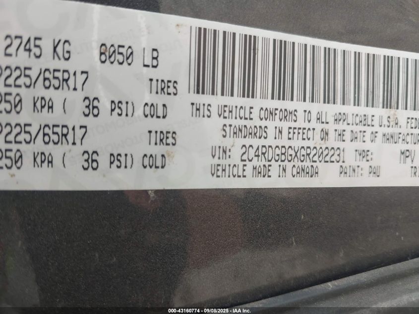 2016 Dodge Grand Caravan Se VIN: 2C4RDGBGXGR202231 Lot: 43160774