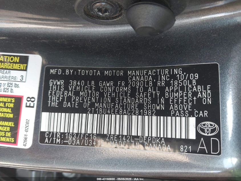 2010 Toyota Corolla Le VIN: 2T1BU4EE8AC281982 Lot: 43160808