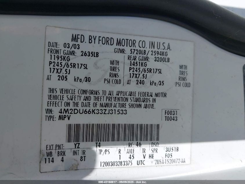 2003 Mercury Mountaineer VIN: 4M2DU66K33ZJ31533 Lot: 43160817