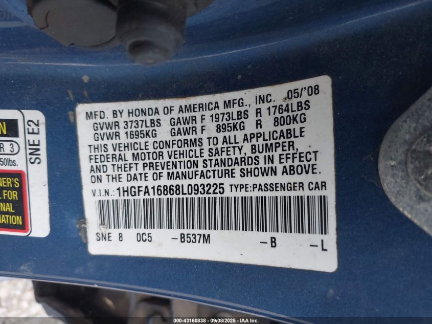 2008 Honda Civic Ex VIN: 1HGFA16868L093225 Lot: 43160838