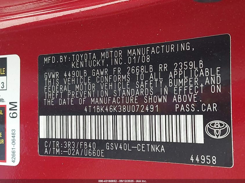 2008 Toyota Camry Le V6 VIN: 4T1BK46K38U072491 Lot: 43160852