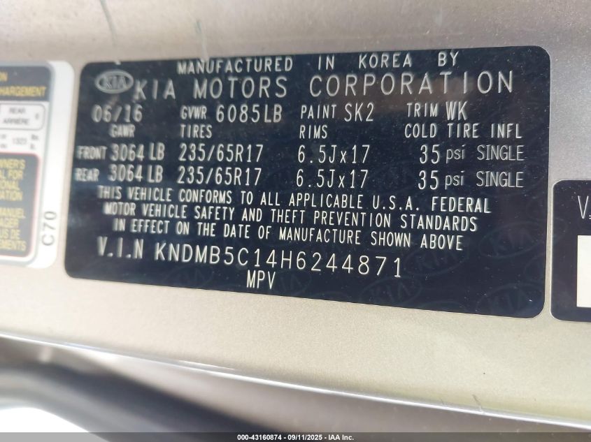 2017 Kia Sedona Lx VIN: KNDMB5C14H6244871 Lot: 43160874