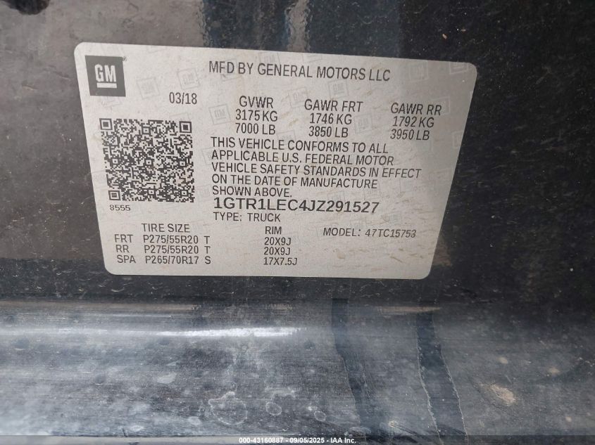 2018 GMC Sierra 1500 VIN: 1GTR1LEC4JZ291527 Lot: 43160887