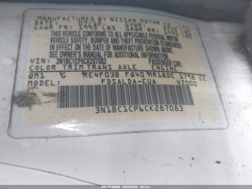 2012 Nissan Versa 1.8 S VIN: 3N1BC1CP6CK287083 Lot: 43160895