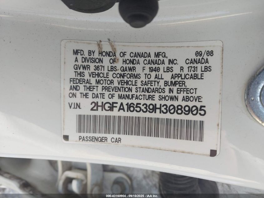2009 Honda Civic Lx VIN: 2HGFA16539H308905 Lot: 43160904