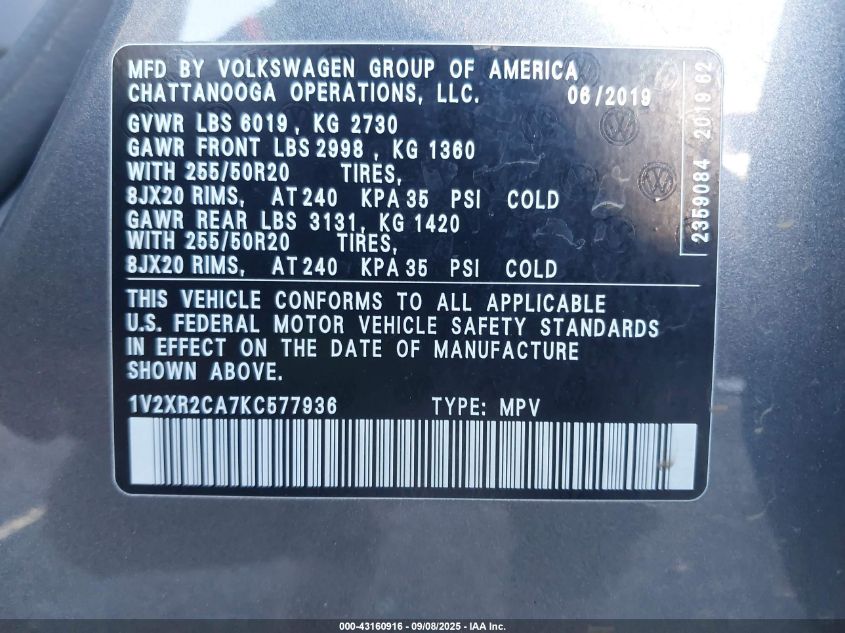 2019 Volkswagen Atlas 3.6L V6 Se W/Technology R-Line VIN: 1V2XR2CA7KC577936 Lot: 43160916