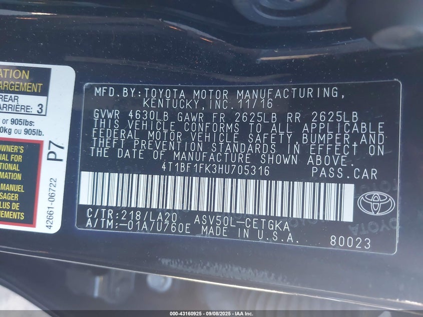 2017 TOYOTA CAMRY XLE - 4T1BF1FK3HU705316