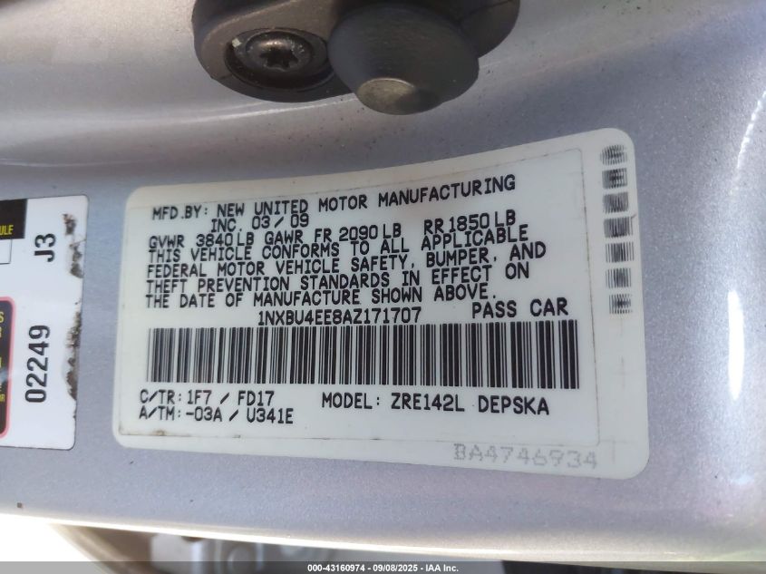 2010 Toyota Corolla S VIN: 1NXBU4EE8AZ171707 Lot: 43160974