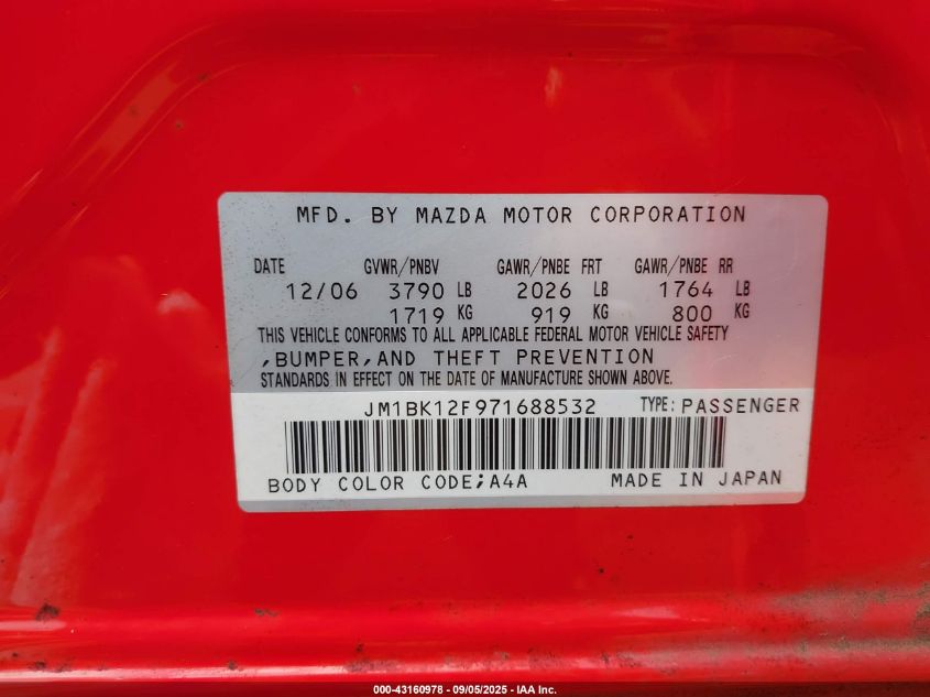 2007 Mazda Mazda3 I VIN: JM1BK12F971688532 Lot: 43160978