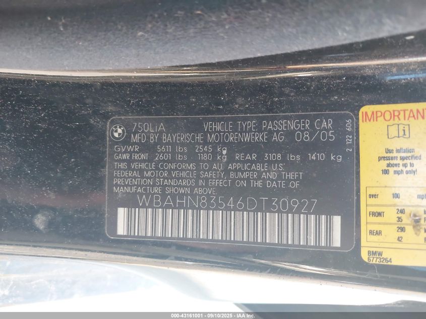 2006 BMW 750Li VIN: WBAHN83546DT30927 Lot: 43161001