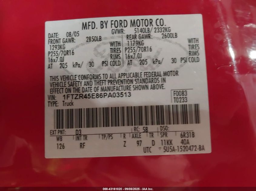 2006 Ford Ranger Fx4 Level Ii/Fx4 Off-Road/Sport/Xlt VIN: 1FTZR45E86PA03513 Lot: 43161020