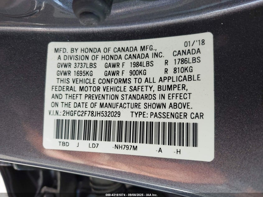 2018 Honda Civic 2.0 Ex Grey Lot 111043161074 Vin 2HGFC2F78JH532029