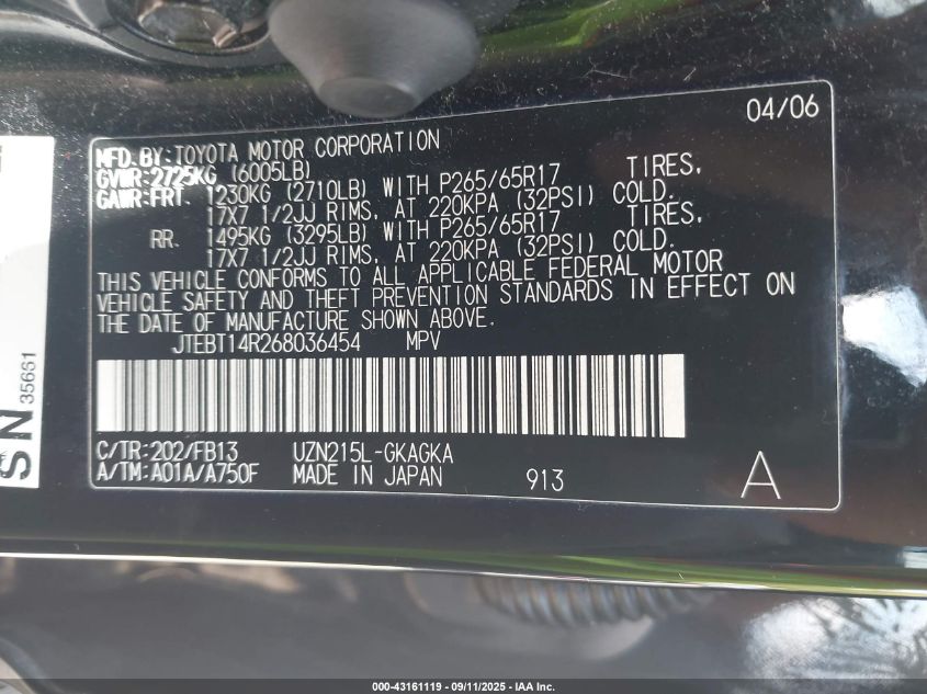 2006 Toyota 4Runner Sr5 Sport V8 VIN: JTEBT14R268036454 Lot: 43161119