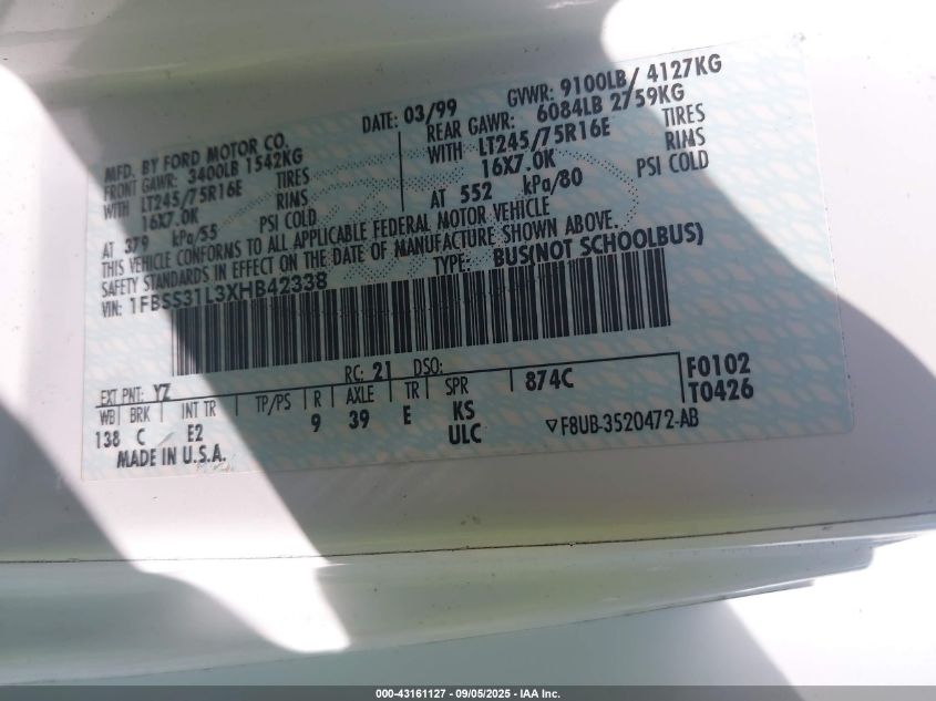 1999 Ford E-350 Super Duty Xl/Xlt VIN: 1FBSS31L3XHB42338 Lot: 43161127