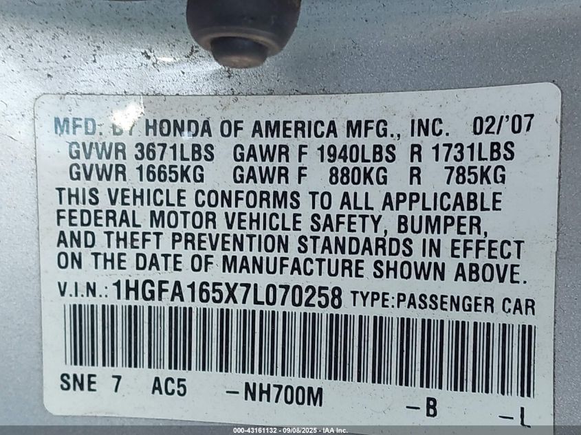 2007 Honda Civic Lx VIN: 1HGFA165X7L070258 Lot: 43161132