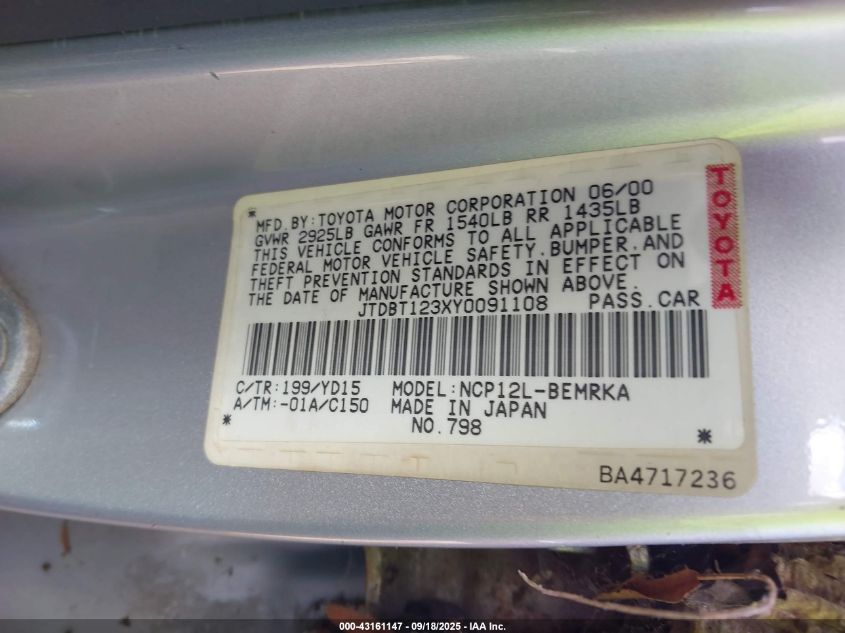 2000 Toyota Echo VIN: JTDBT123XY0091108 Lot: 43161147