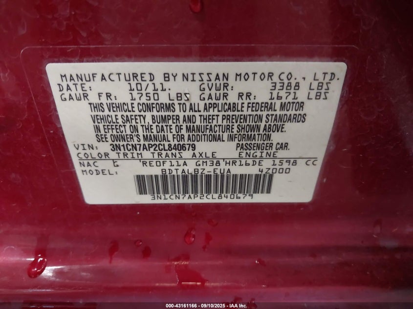 2012 Nissan Versa 1.6 Sv VIN: 3N1CN7AP2CL840679 Lot: 43161166