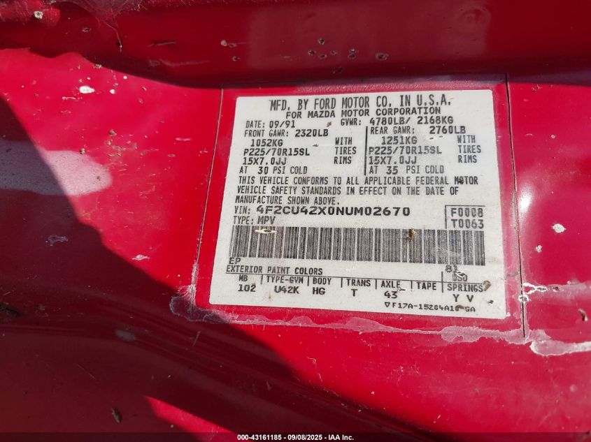 1992 Mazda Navajo Lx/Dx VIN: 4F2CU42X0NUM02670 Lot: 43161185