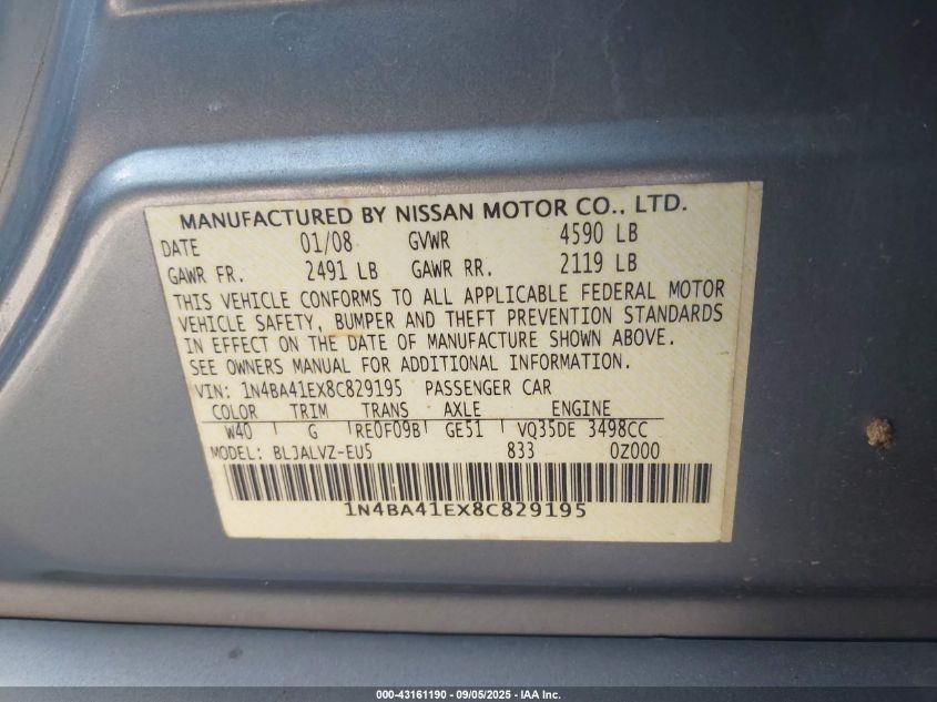 2008 Nissan Maxima 3.5 Se VIN: 1N4BA41EX8C829195 Lot: 43161190