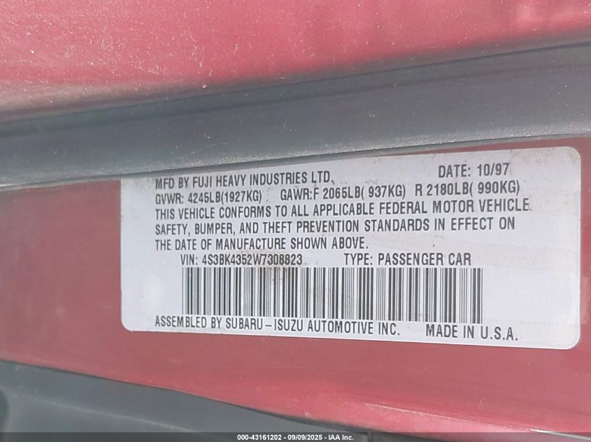 1998 Subaru Legacy L/Right Hand Postal Drive VIN: 4S3BK4352W7308823 Lot: 43161202