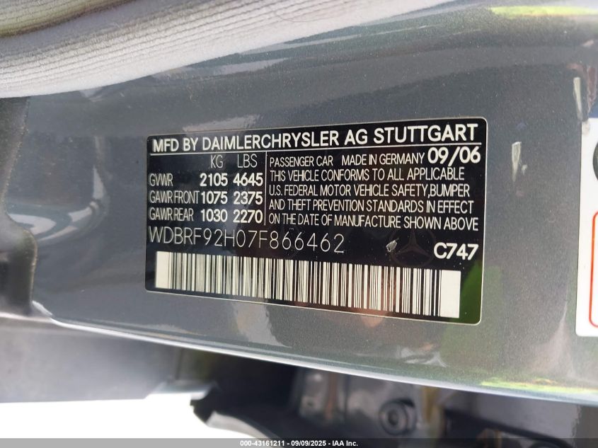 2007 Mercedes-Benz C 280 Luxury 4Matic VIN: WDBRF92H07F866462 Lot: 43161211