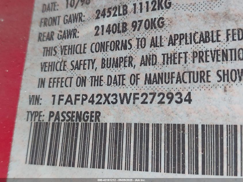 1998 Ford Mustang Gt VIN: 1FAFP42X3WF272934 Lot: 43161212