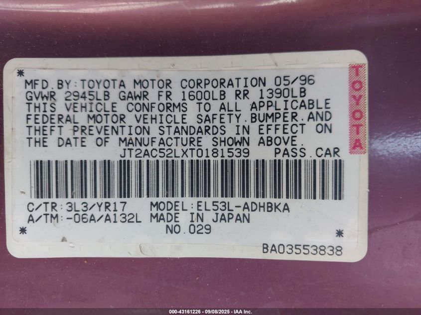 1996 Toyota Tercel Std/Dx VIN: JT2AC52LXT0181539 Lot: 43161226