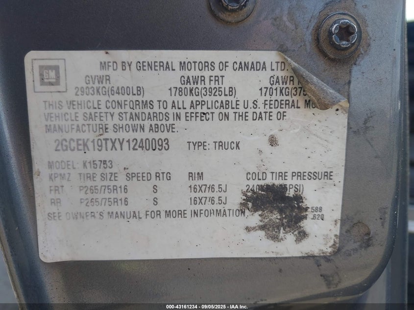 2000 Chevrolet Silverado 1500 Ls VIN: 2GCEK19TXY1240093 Lot: 43161234