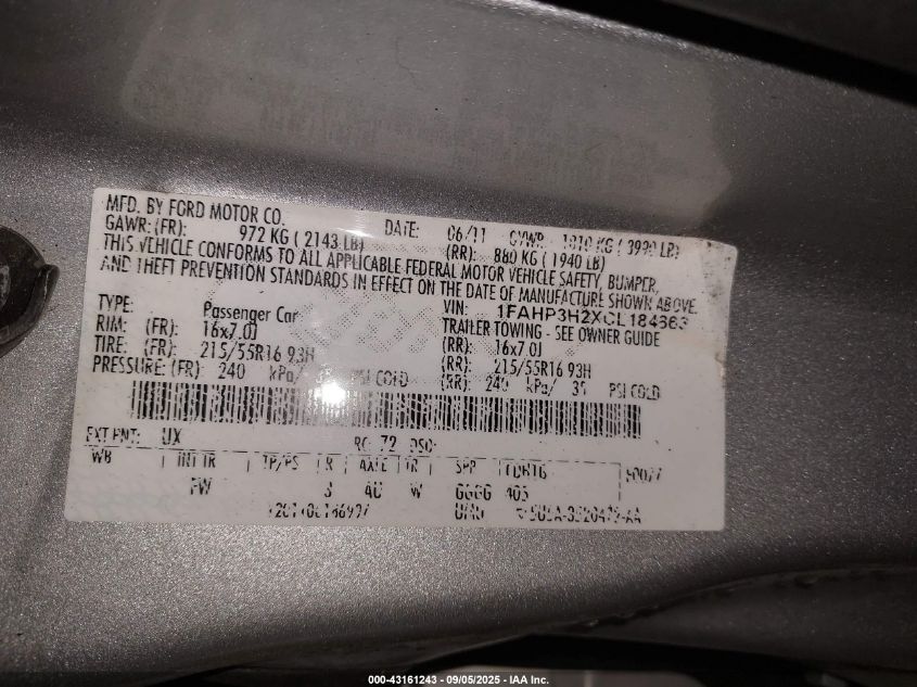 2012 Ford Focus Sel VIN: 1FAHP3H2XCL184863 Lot: 43161243