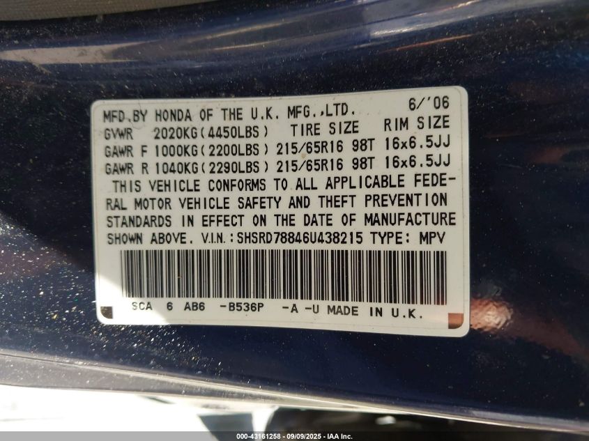 2006 Honda Cr-V Ex VIN: SHSRD78846U438215 Lot: 43161258