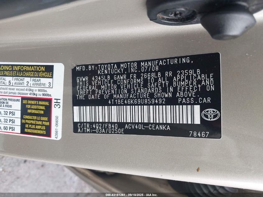 2009 Toyota Camry Le VIN: 4T1BE46K69U859542 Lot: 43161261