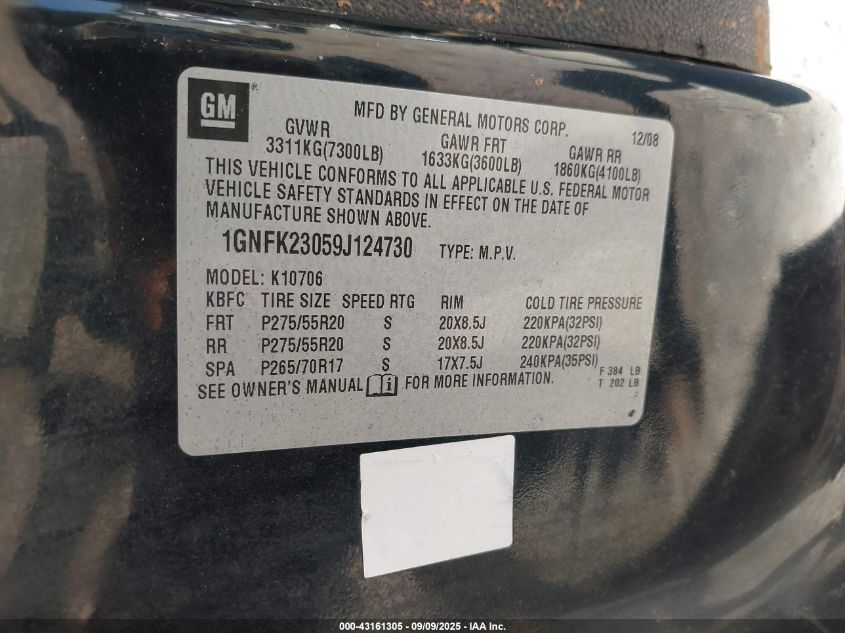 2009 Chevrolet Tahoe Lt2 VIN: 1GNFK23059J124730 Lot: 43161305