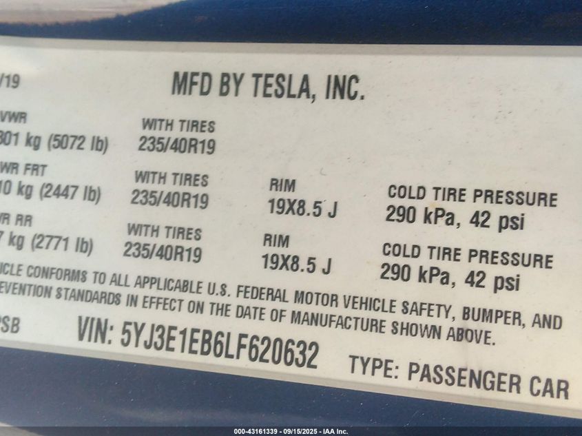 2020 Tesla Model 3 Long Range Dual Motor All-Wheel Drive VIN: 5YJ3E1EB6LF620632 Lot: 43161339