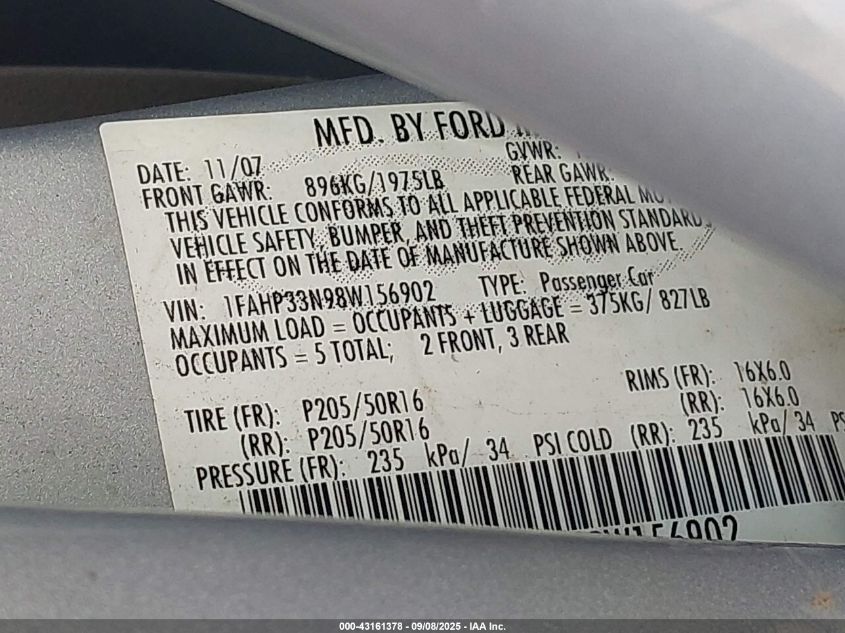 2008 Ford Focus Se/Ses VIN: 1FAHP33N98W156902 Lot: 43161378