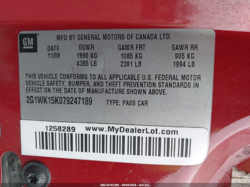2007 Chevrolet Monte Carlo Lt VIN: 2G1WK15K079247189 Lot: 43161390