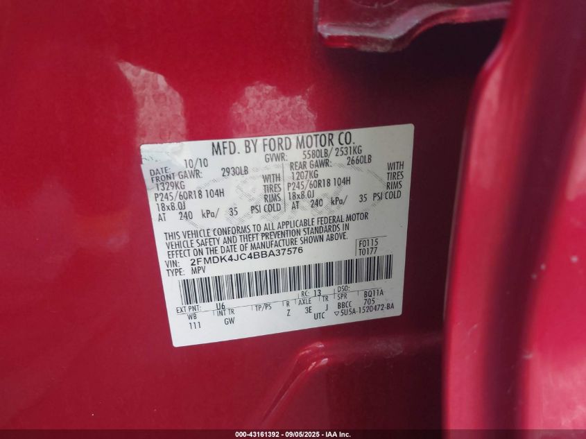 2011 Ford Edge Sel VIN: 2FMDK4JC4BBA37576 Lot: 43161392