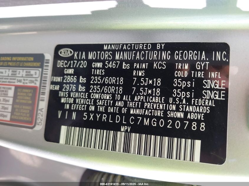 2021 Kia Sorento S VIN: 5XYRLDLC7MG020788 Lot: 43161415