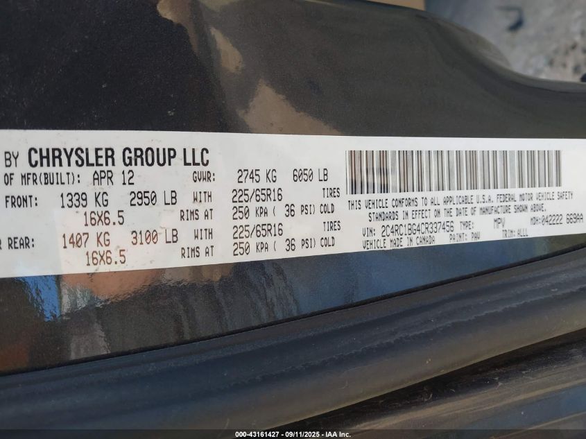 2012 Chrysler Town & Country Touring VIN: 2C4RC1BG4CR337456 Lot: 43161427