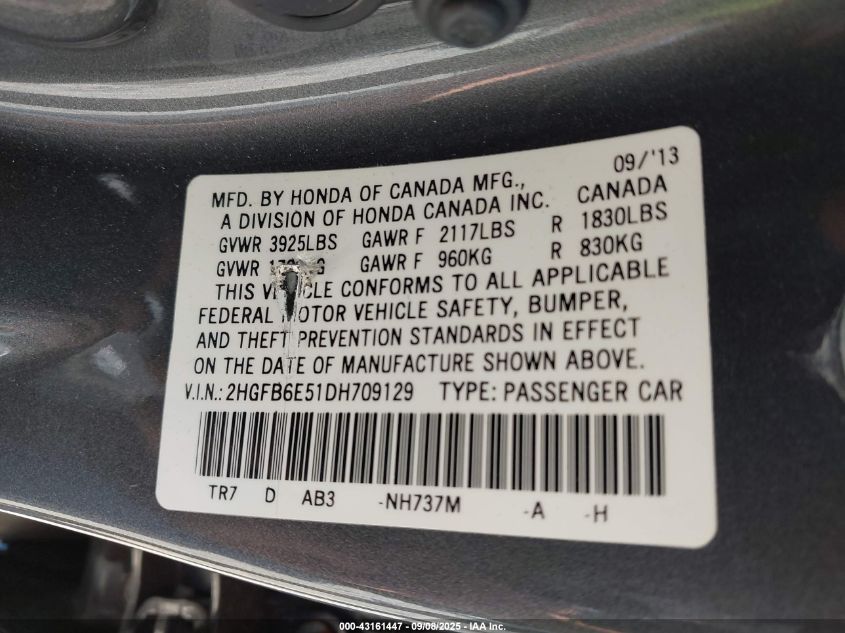 2013 Honda Civic Si VIN: 2HGFB6E51DH709129 Lot: 43161447