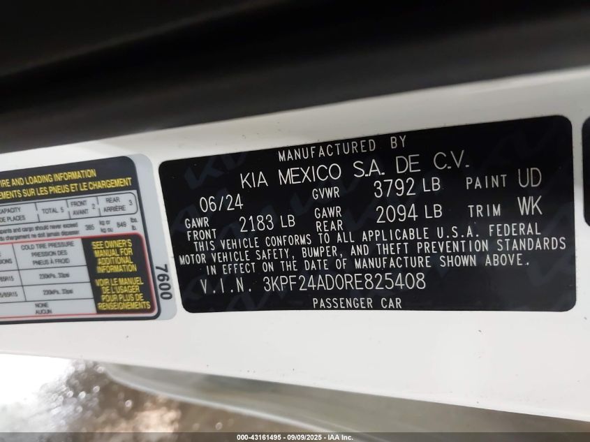 2024 Kia Forte Lx VIN: 3KPF24AD0RE825408 Lot: 43161495