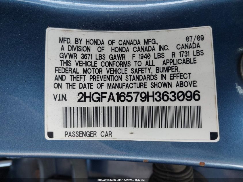 2009 Honda Civic Lx VIN: 2HGFA16579H363096 Lot: 43161496