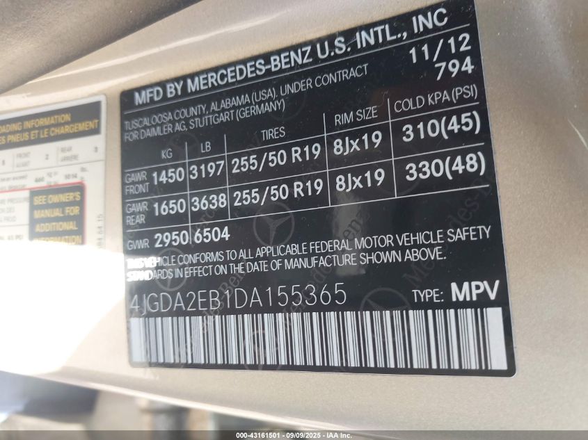 2013 Mercedes-Benz Ml 350 Bluetec 4Matic VIN: 4JGDA2EB1DA155365 Lot: 43161501