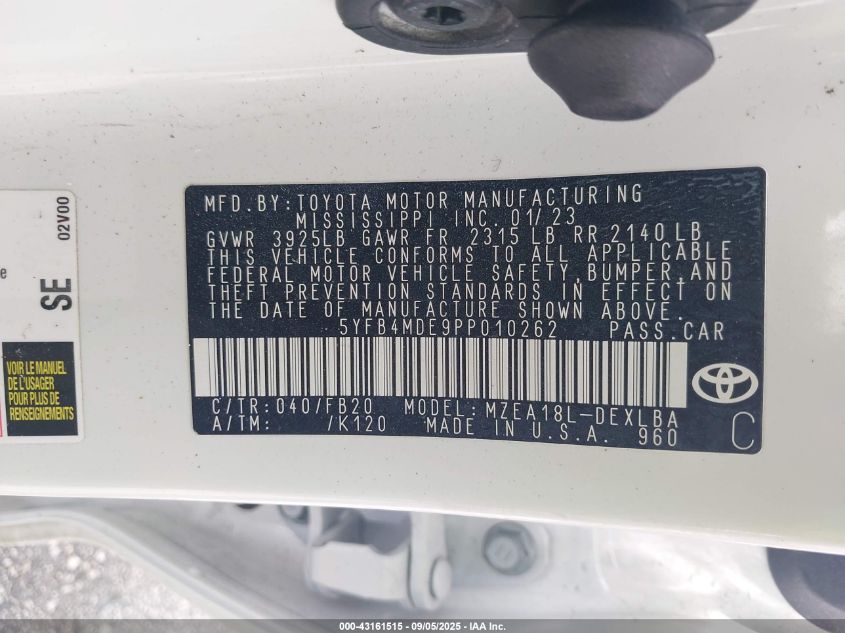 2023 Toyota Corolla Le VIN: 5YFB4MDE9PP010262 Lot: 43161515