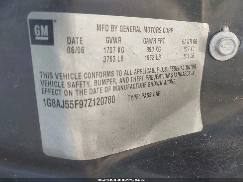 2007 Saturn Ion Ion 2 VIN: 1G8AJ55F97Z120780 Lot: 43161553