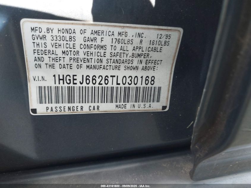 1996 Honda Civic Dx VIN: 1HGEJ6626TL030168 Lot: 43161600
