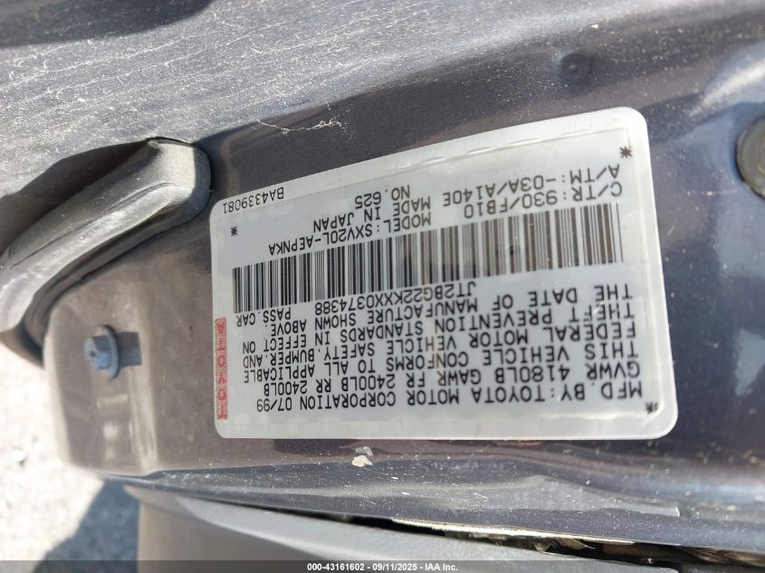 1999 Toyota Camry Le VIN: JT2BG22KXX0374388 Lot: 43161602