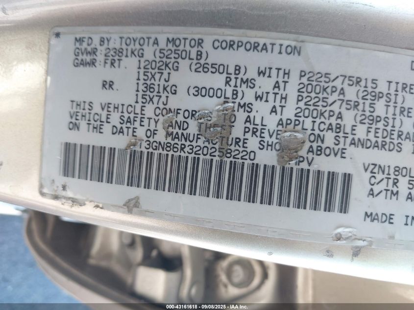 2002 Toyota 4Runner Sr5 V6 VIN: JT3GN86R320258220 Lot: 43161618