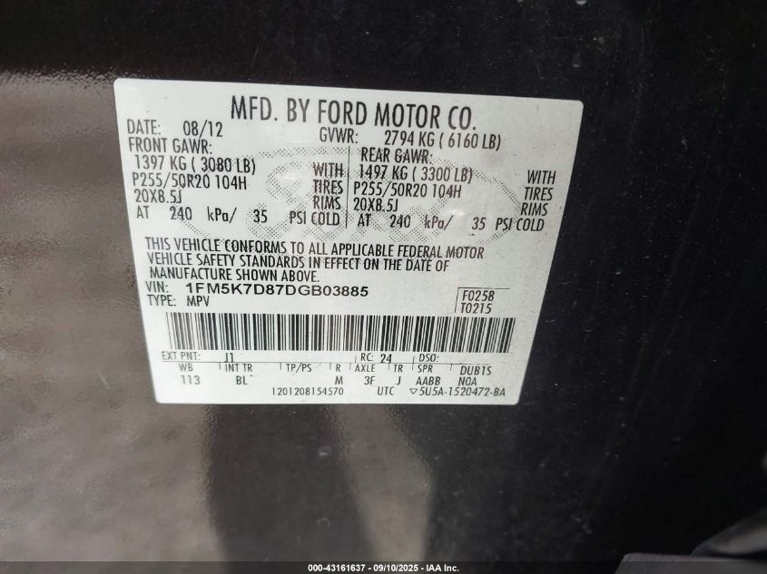 2013 Ford Explorer Xlt VIN: 1FM5K7D87DGB03885 Lot: 43161637