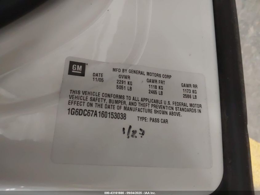 2006 Cadillac Sts V8 VIN: 1G6DC67A160153038 Lot: 43161666